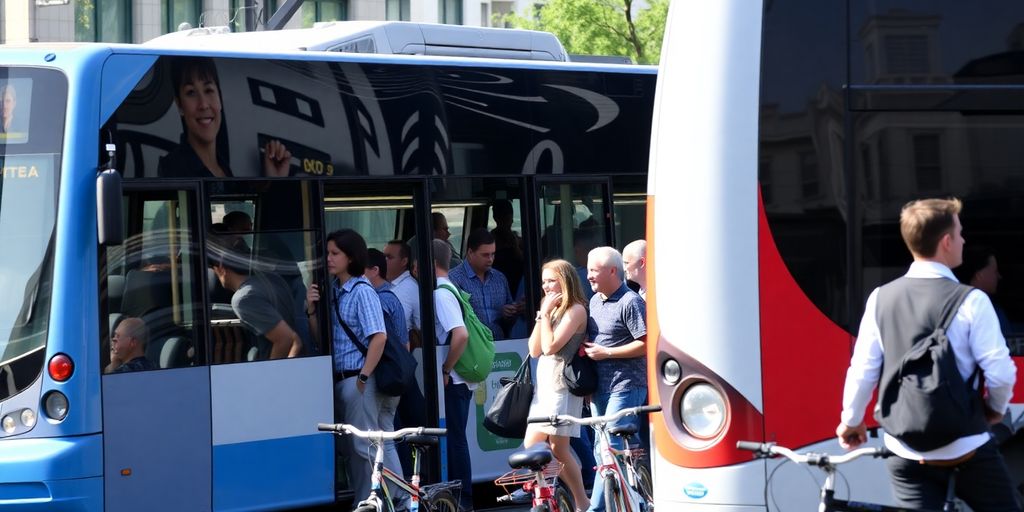 Menschen nutzen öffentliche Verkehrsmittel in einer Stadt.