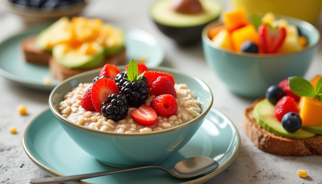 Organic low cholesterol breakfast with oats, avocado, and fruits.
