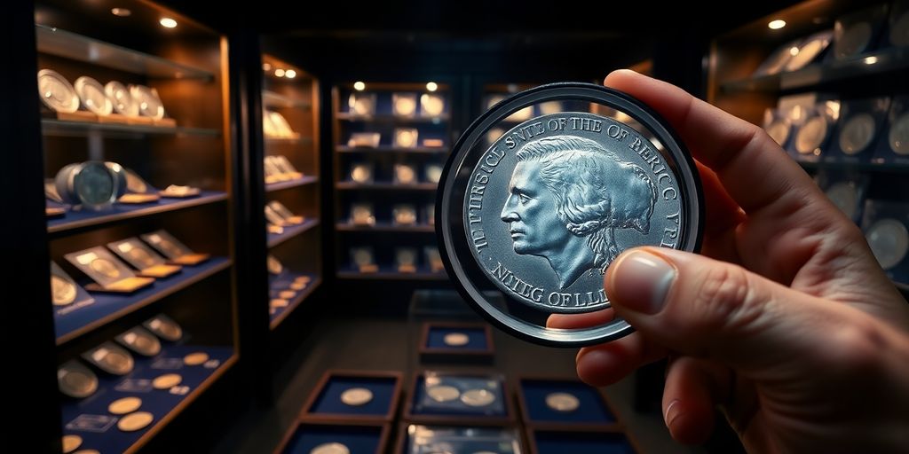 Hands examining rare silver nickel with loupe inside secure vault