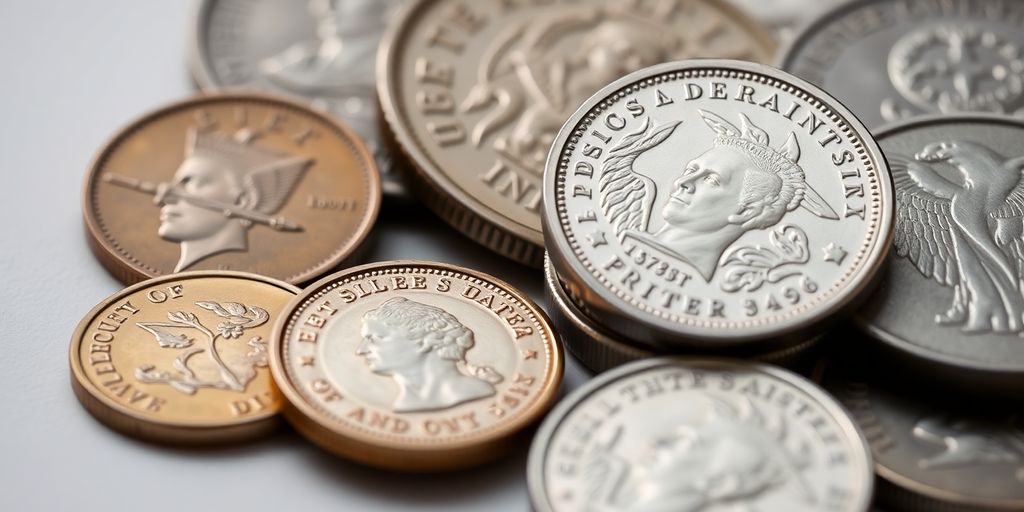 Display of various commemorative coins in elegant arrangement.