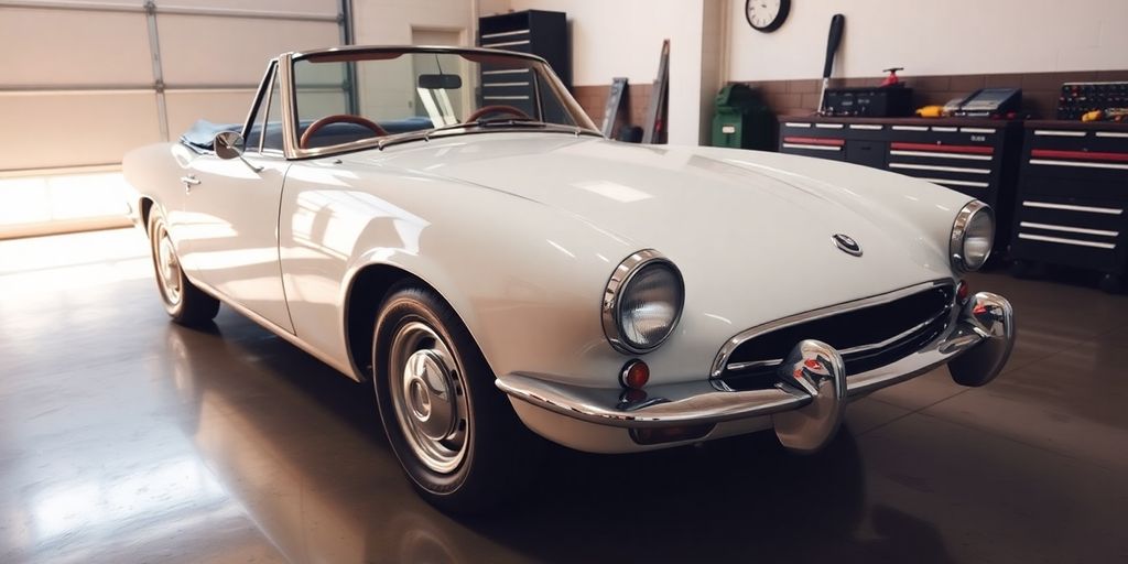 Pristine classic car parked securely in a well-lit garage.