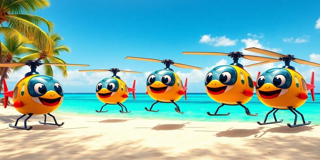 Cartoon helicopters dancing on a tropical beach.