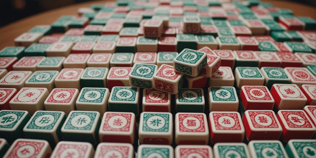 Large Mahjong tiles in a complex, colorful arrangement.