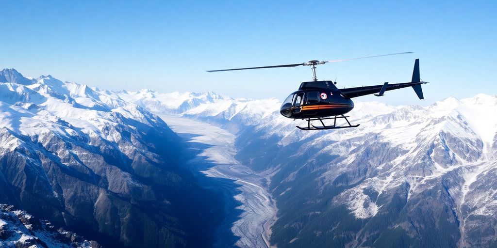 A helicopter flying over a vast Alaskan mountain range.