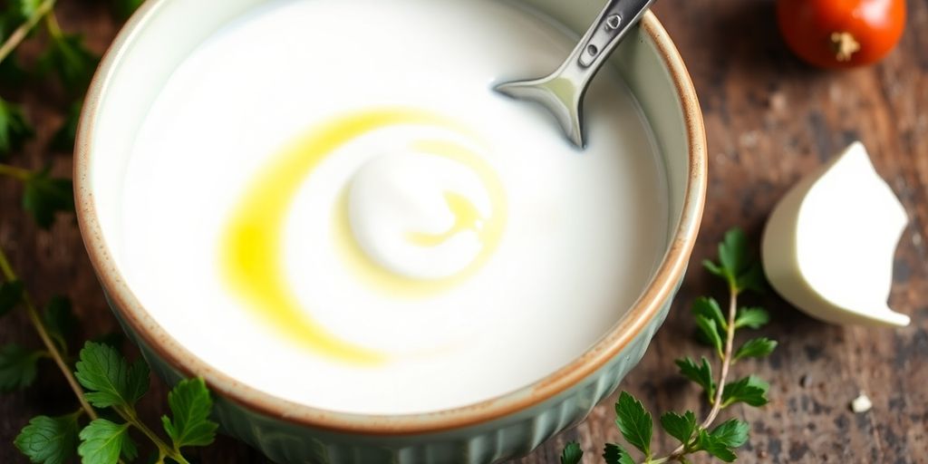 Bowl of soy milk with olive oil drizzle and herbs.