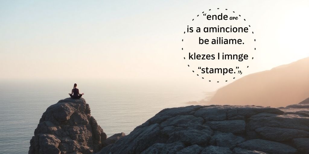 Person meditating on a cliff by the calm sea.