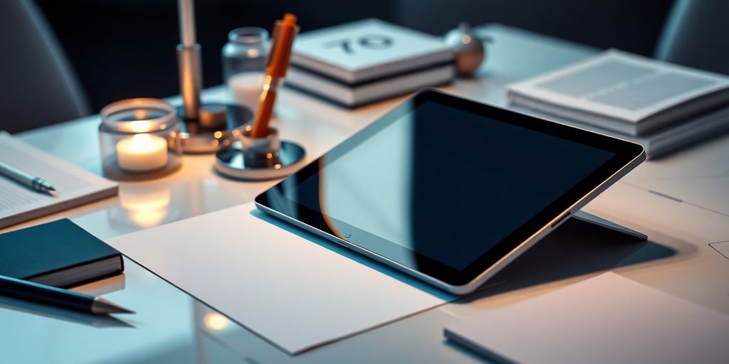 Futuristic writing desk with digital tablet and stationery.