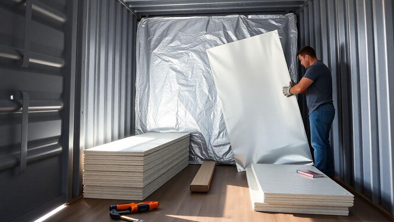 Worker installing reflective insulation panels inside a corrugated metal container