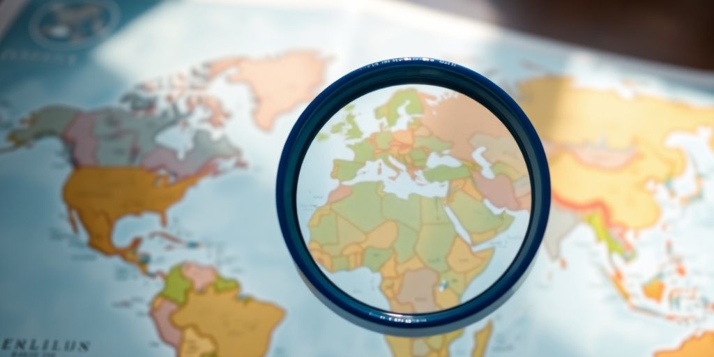 A magnifying glass above a world map.