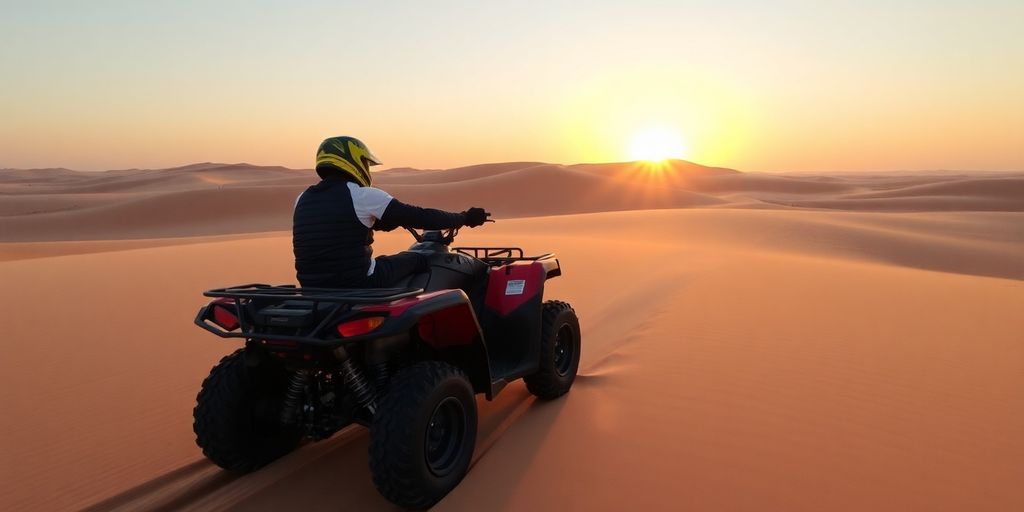 Rider on a quad bike in Marrakech desert at sunset.