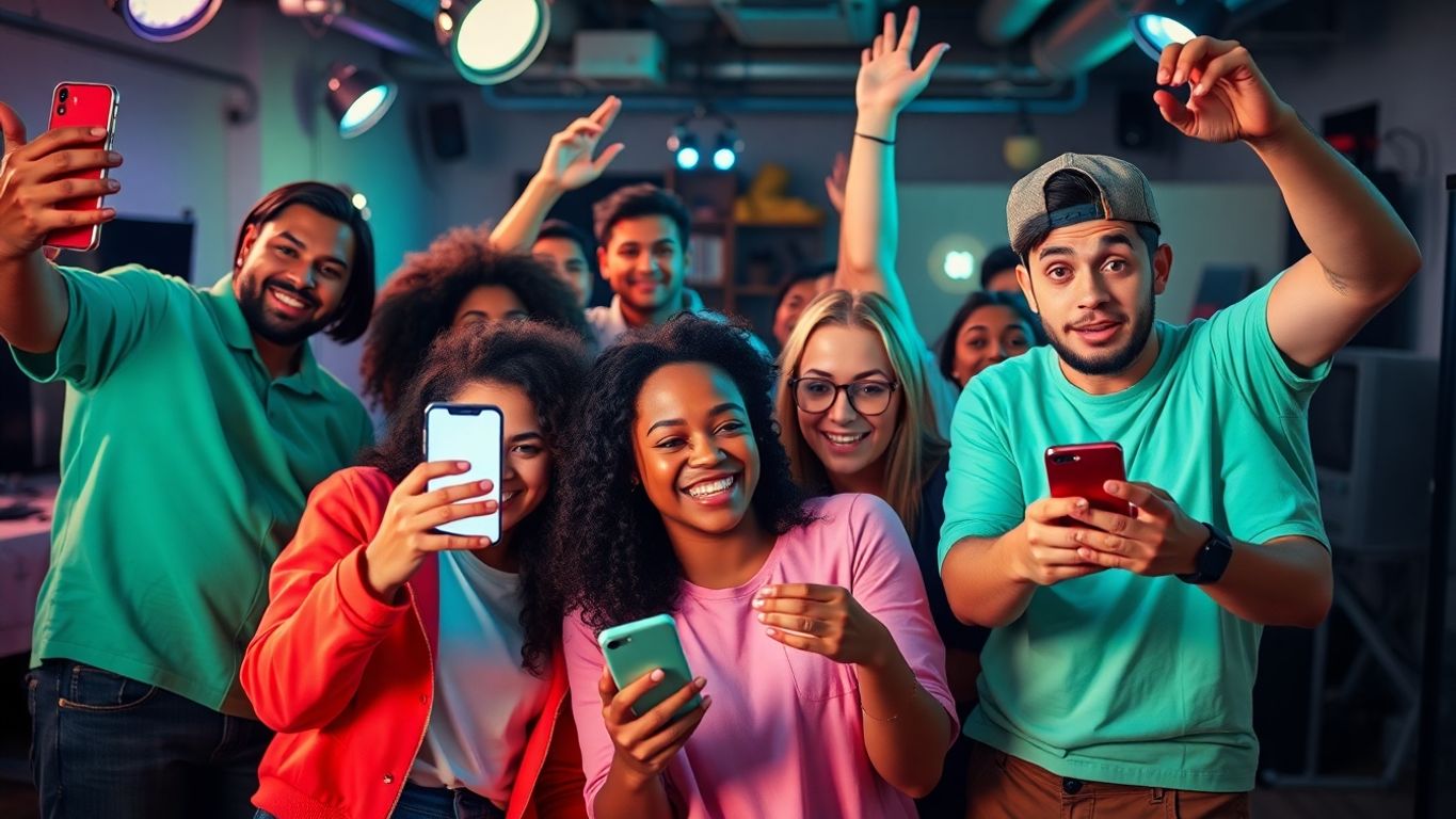 Diverse individuals creating TikTok content with smartphones.