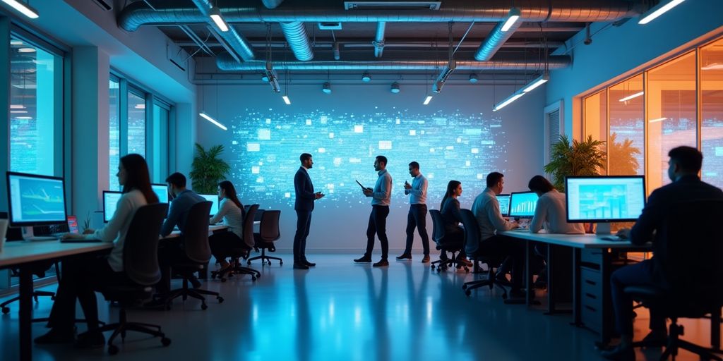 Profissionais discutindo em um escritório moderno e tecnológico.