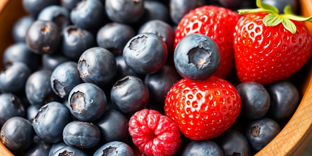 Bowl overflowing with vibrant blueberries, raspberries, and strawberries.