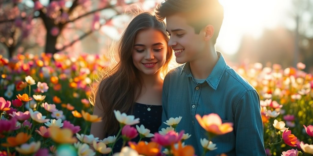 Young couple holding hands, surrounded by blooming flowers.
