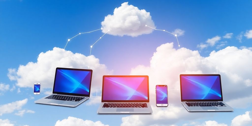 Cloud computing devices against a blue sky backdrop.
