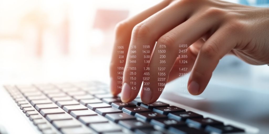 Hands on keyboard with spreadsheet overlay, illustrative.