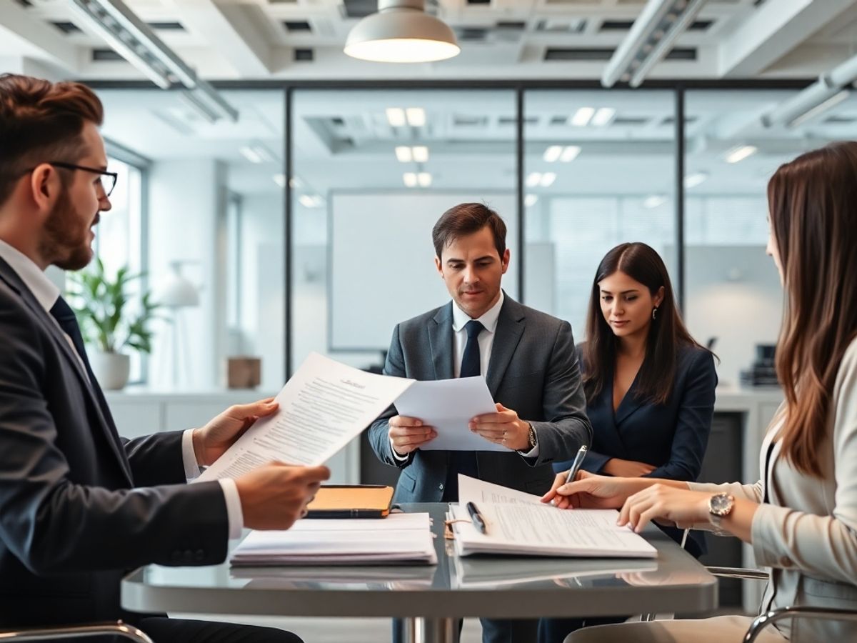 Discuție de afaceri despre conformitatea legală în dreptul comercial.