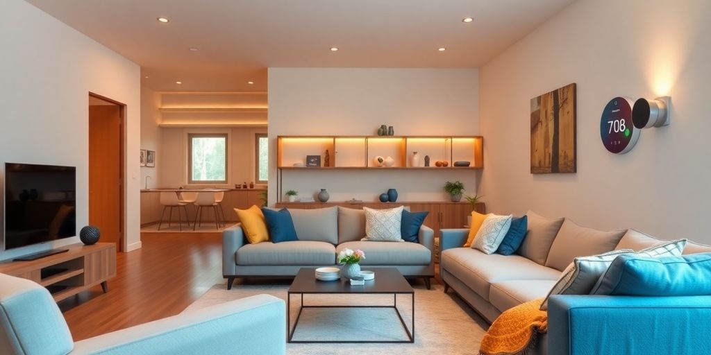 Modern living room with smart home devices and technology.