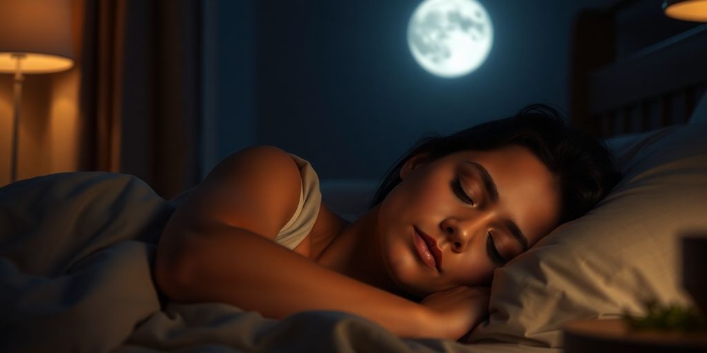 Person sleeping peacefully with a calm bedroom background.