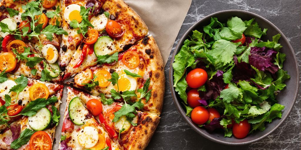 Pizza with fresh vegetables and salad for a balanced diet.