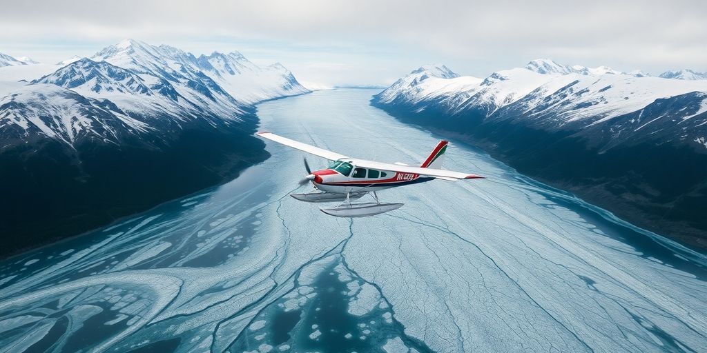 A small floatplane flies over a vast Alaskan glacier.