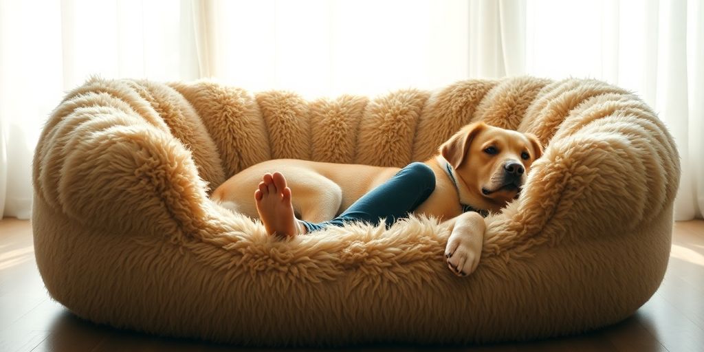 Giant dog bed with a person relaxing comfortably inside.