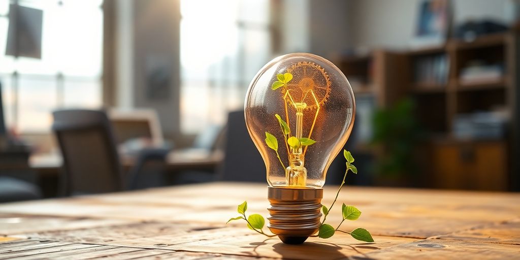 Lightbulb with gears, sprouting green leaves, on wooden desk.