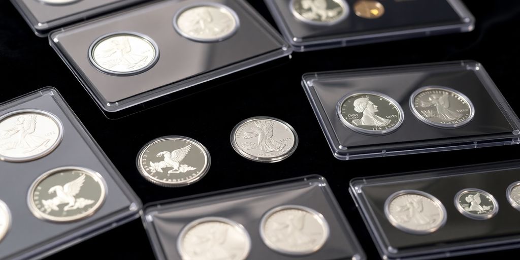 Collection of proof sets on a dark velvet background.