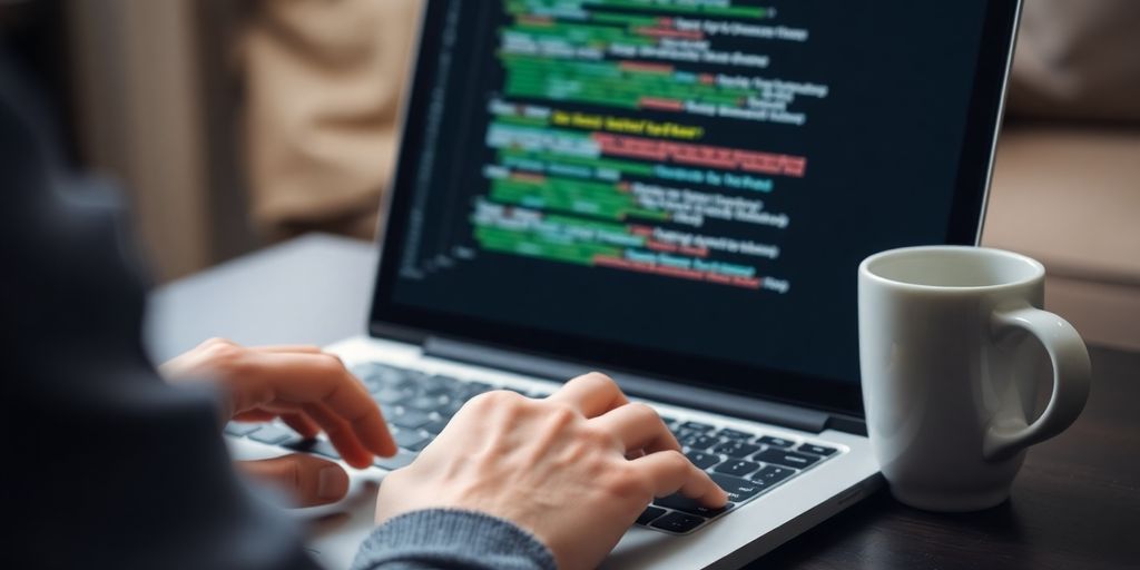 Laptop with Python code, hands, coffee, learn.