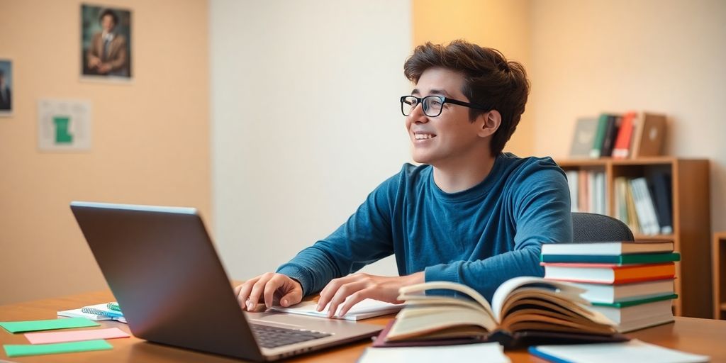 Student visualizing success while studying at a desk.