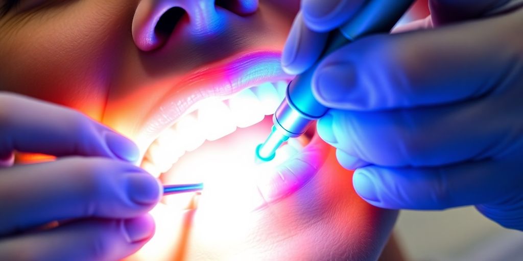 Dentist using advanced laser for patient's teeth.