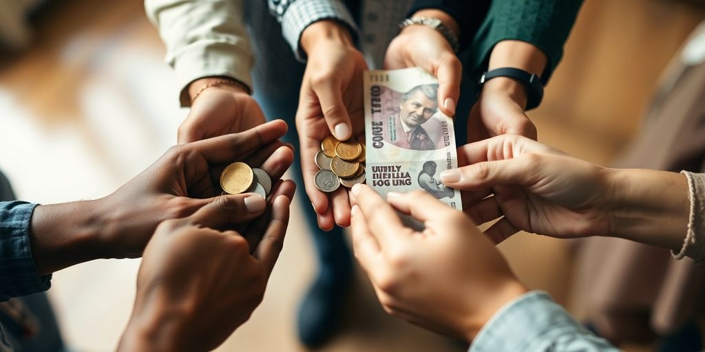 Mains diverses tenant des pièces de monnaie et des billets.
