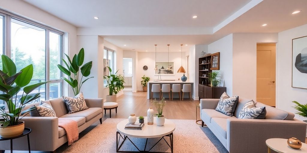 Modern remodeled living room with efficient space utilization.
