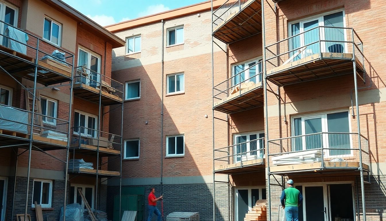 Refurbishing a multi-family property with scaffolding and workers.