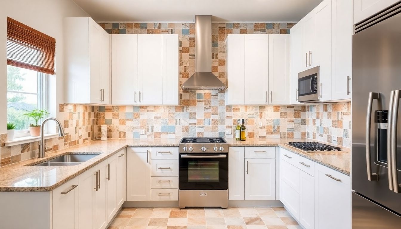 Modern kitchen with stylish tiles and contemporary design.