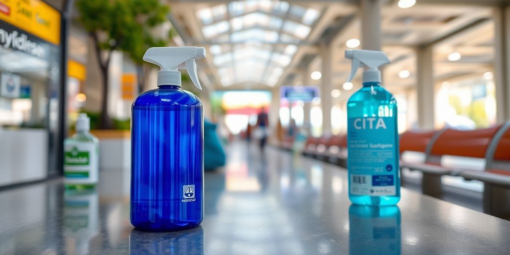 Suprafață dezinfectată într-un spațiu public din București.