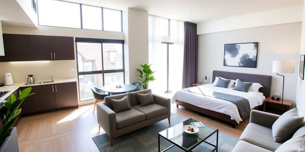 Stylish serviced apartment interior in Tokyo.