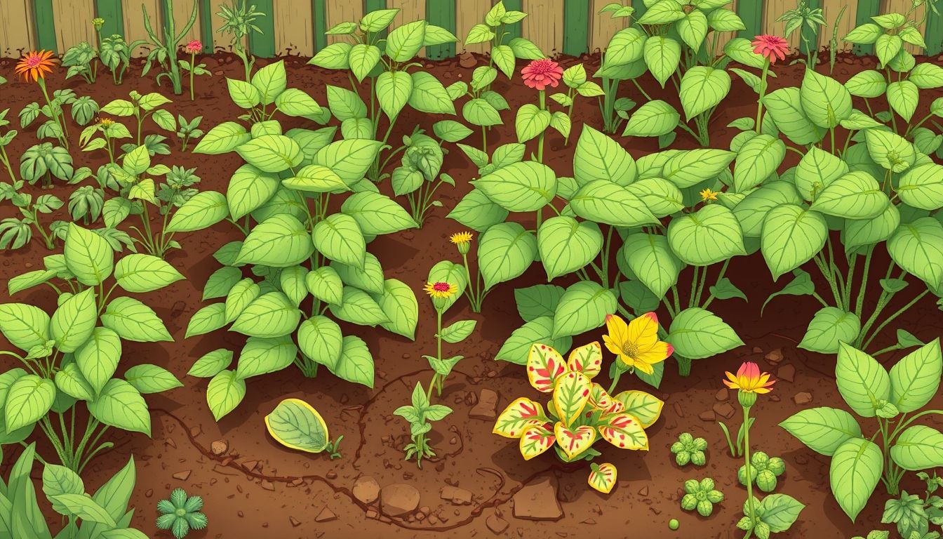 Healthy garden with plants, pests, and diseases.
