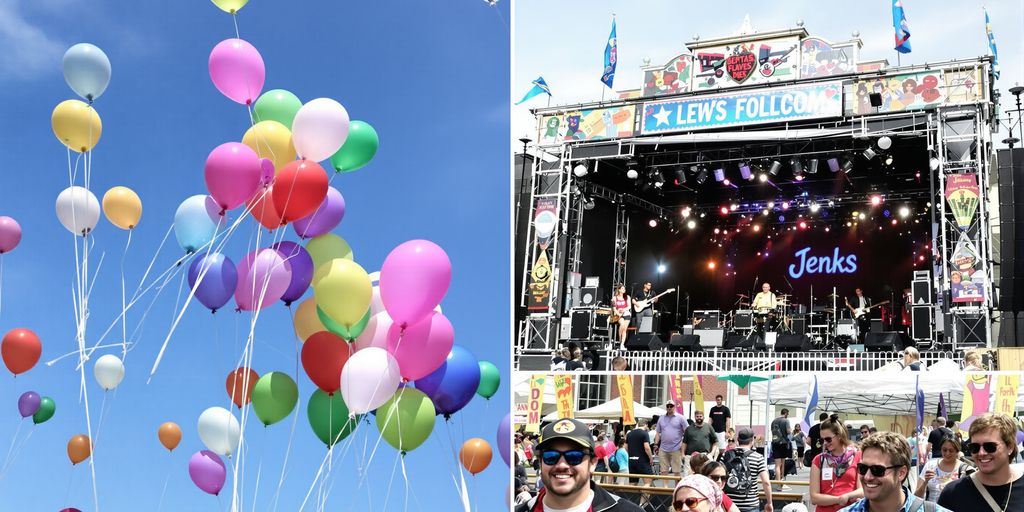 Jenks events with people, balloons, and a stage.
