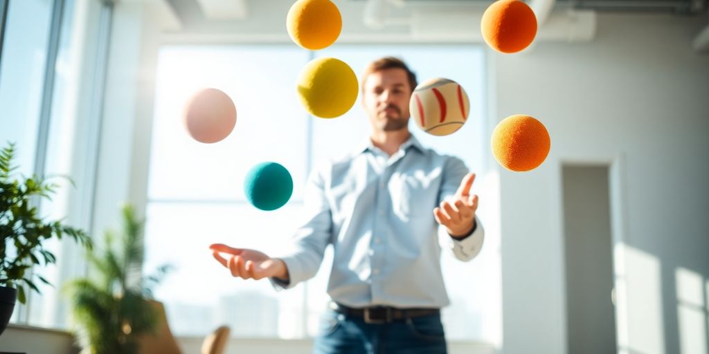 Juggler balancing many colorful balls