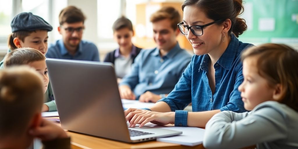Teacher with laptop in a vibrant classroom setting.