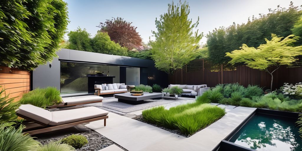 modern garden design with high-tech gardening tools and lush greenery