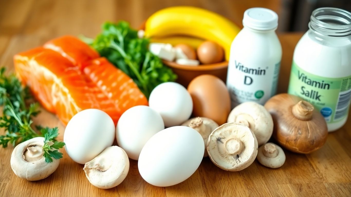 Salmon, eggs, mushrooms, and milk on kitchen table