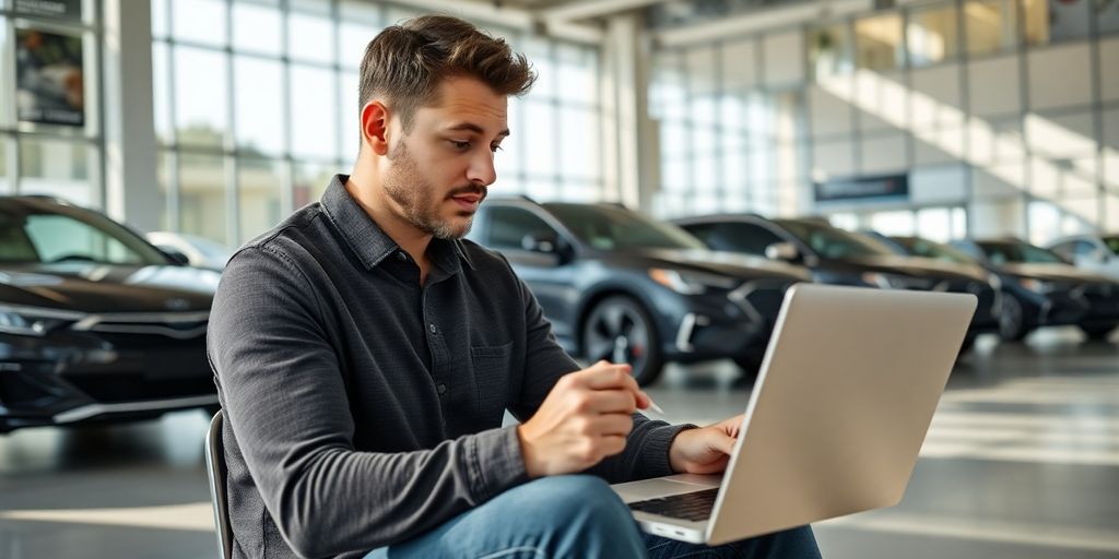 Man using a laptop in a car dealership
