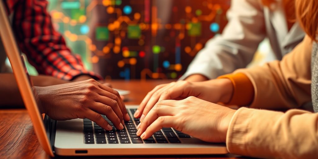 Diverse hands collaborating on technology with digital patterns.