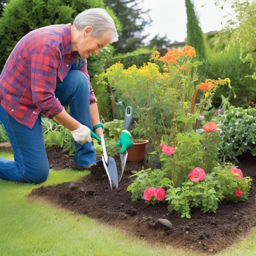 gardening tools in use, pruning, digging, weeding, specialty tools, garden setting