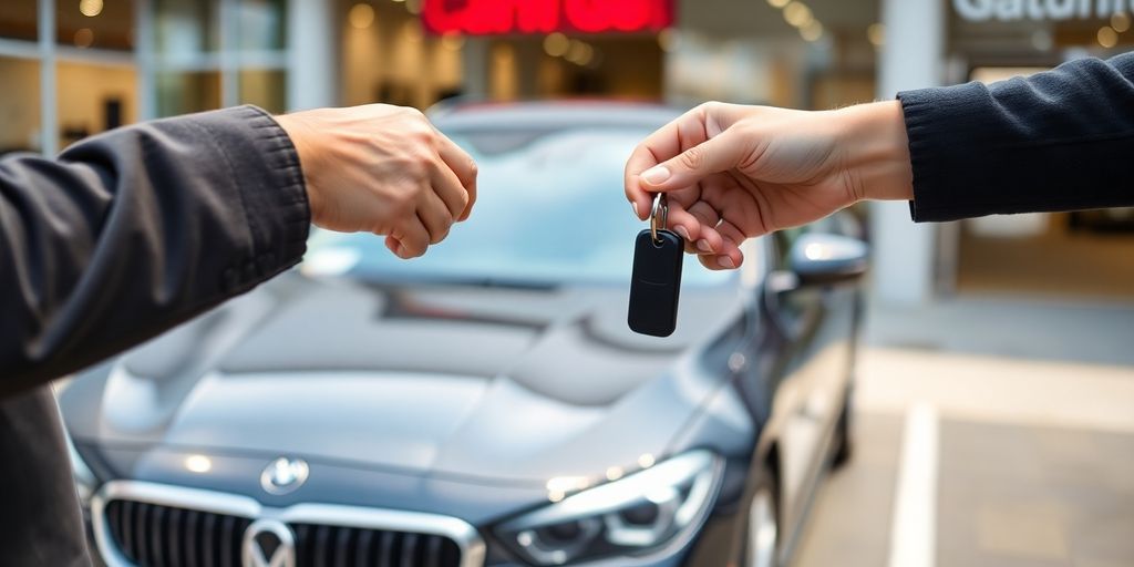 Person exchanging car keys at a dealership.
