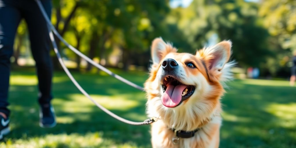 Happy dog trotting leash held by smiling walker in Sydney park.