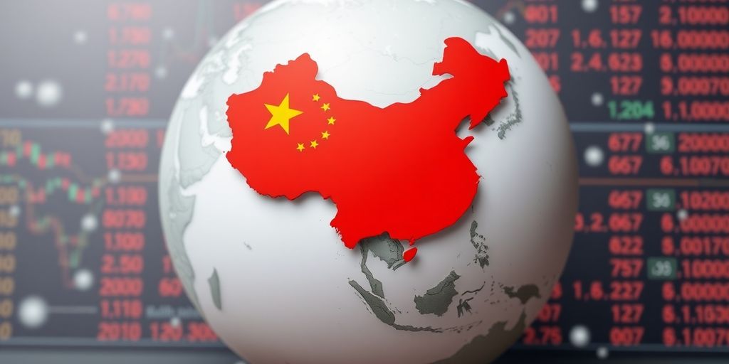 Globe with Chinese flag and financial symbols.