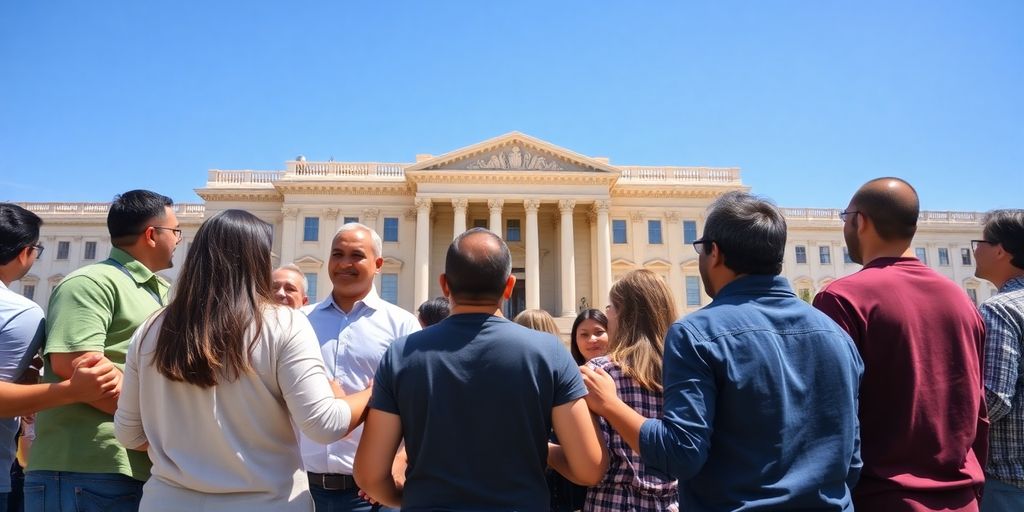 People standing, hands clasped, facing capitol building.